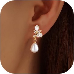 Pearl Earrings,14k Gold Plated Trendy Diamond Pearl Drop Earrings Bridal Shower Gifts Wedding jewelry for Women - 1 of 4