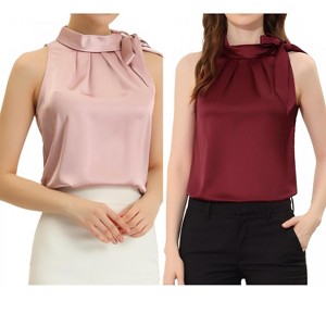 INSPIRE CHIC Women's Elegant Satin Sleeveless Bow Tie Mock Neck Solid Work Blouse 2 Packs - 1 of 4