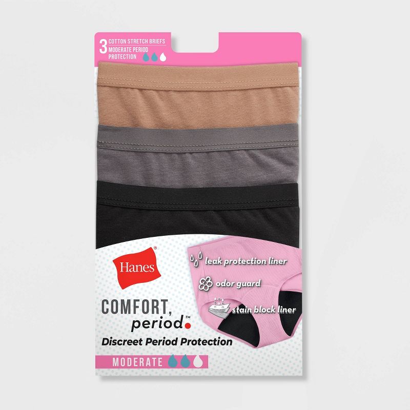 Hanes Women's 3pk Comfort Period Leakproof Moderate Briefs - Black/Gray, 3 of 8