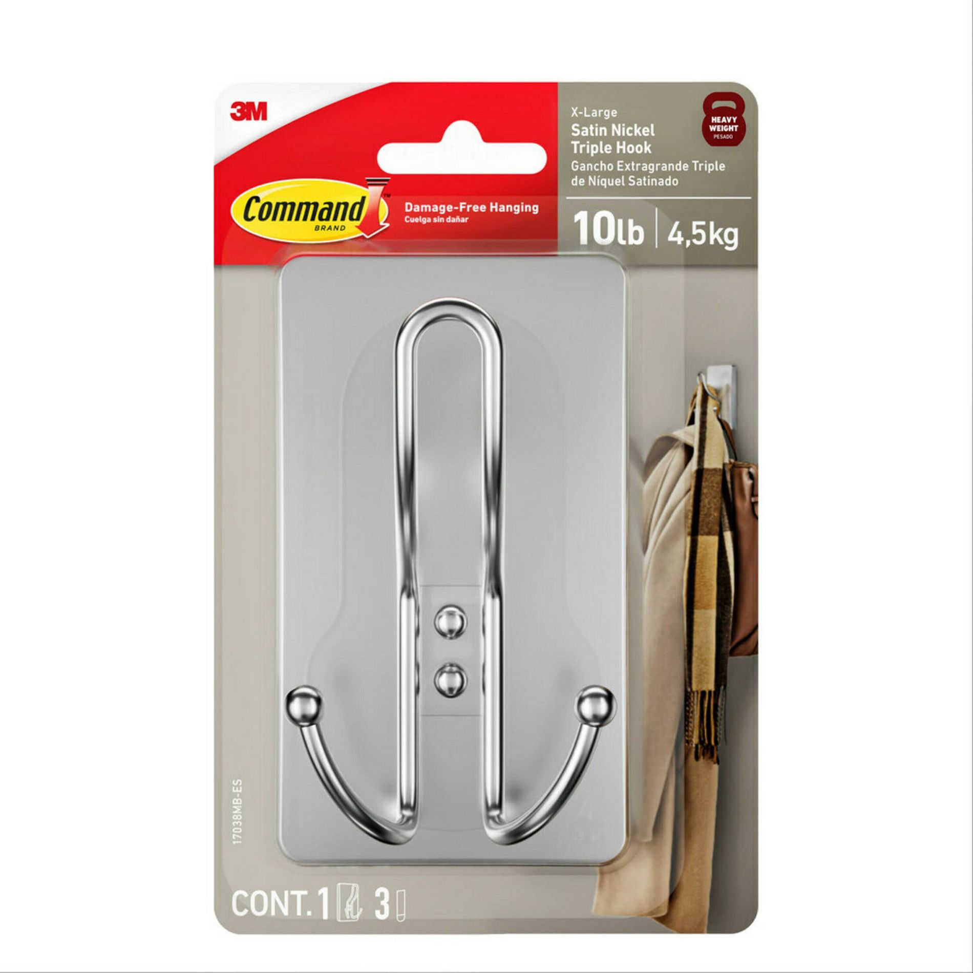 Command Extra Large Satin Nickel Triple Hook: Heavy Duty Adhesive Towel Holder, Plastic, Clear, 6.7" Height, 1 Pack