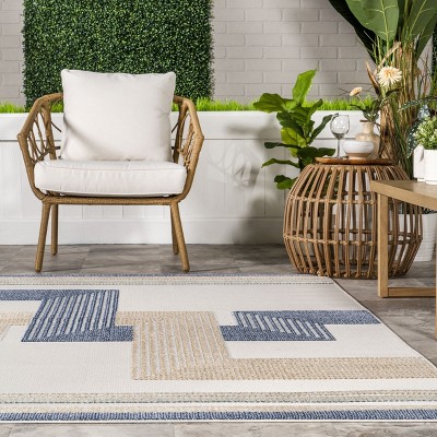 Adira Blue and Beige Geometric Indoor/Outdoor Area Rug