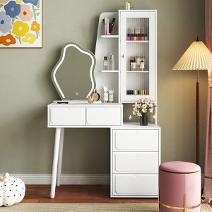 Gulches Vanity Desk with Mirror and Lights, Makeup Vanity Mirror with Lights,Dressing Table with 5 Drawers, Dressing Table Cabinet with glass door - 1 of 4