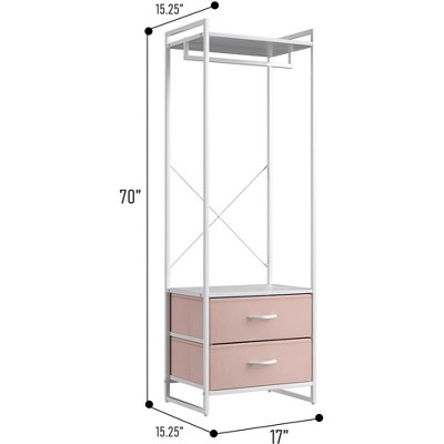 Pink and White Portable Steel Clothing Rack with Wood Top and Drawers