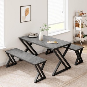 GOCAPTAIN Kitchen Room Table Set with Benches, 44.8" Dining Table Set for 4, Sturdy Metal Kitchen Table Set with X Metal Frame for Kitchen, Apartment - 1 of 4