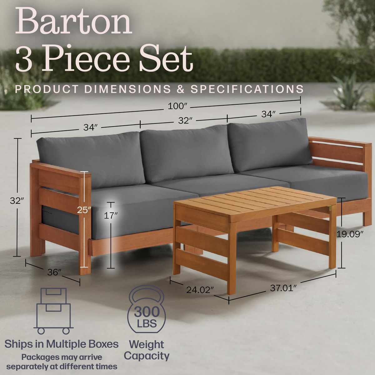 Alaterre Furniture Barton Outdoor Patio Furniture Set with Sofa and Coffee Table - Weather-Resistant Eucalyptus Wood Patio Furniture Set (Natural) - thumbnail 3