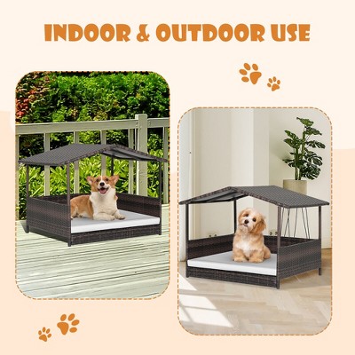 Outdoor Brown Wicker Dog House with Cushion and Roof
