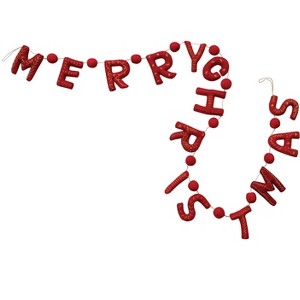 Storied Home Wool Felt Garland with Pom Poms, Metallic Thread Embroidery and Jute Cord "Merry Christmas", Red - 1 of 2