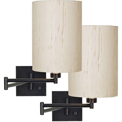 Franklin Iron Works Modern Swing Arm Wall Lamps Set of 2 Espresso Bronze Plug-In Light Fixture Ivory Linen Cylinder Shade Bedroom