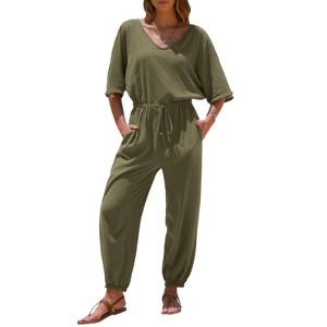 EXLURA Women's 2025 Summer Jumpsuits Casual Dressy One Piece Deep V Neck Batwing Short Sleeve Wrap Waist Romper with Pockets - 1 of 4