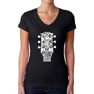 LA Pop Art Women's Word Art V-Neck T-Shirt - Guitar Head Music Genres - 1 of 4