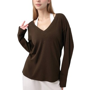 Anna-Kaci Active Women's Long Sleeve V-Neck Pullover Top with Relaxed Fit and Drop Shoulder Design - 1 of 4