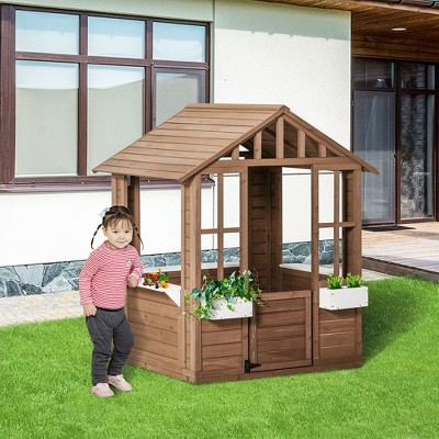 Brown Wooden Outdoor Kids Playhouse with Flowerpot Holders
