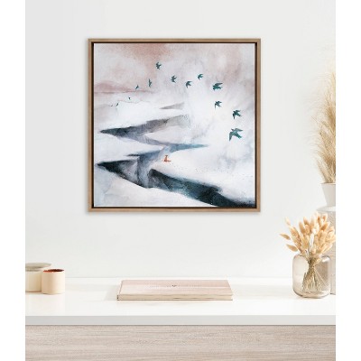 Sylvie Snow Day Fox and Birds Framed Canvas in Gold Frame