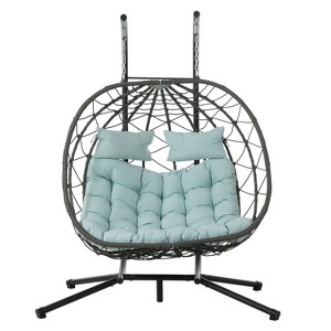 Nestfair 74.8" 2 Person Outdoor Patio Wicker Swing Egg Chair with Cushion Light Blue - 1 of 4