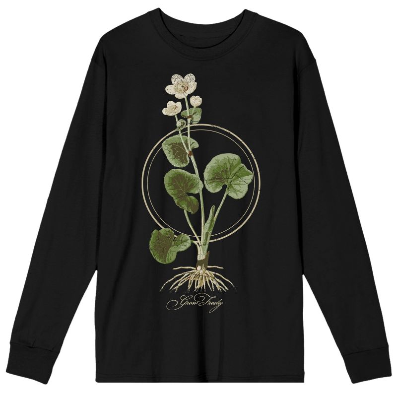 Positive Message Floral "Grow Freely" Men's Black Long Sleeve Crew Neck Tee, 1 of 4
