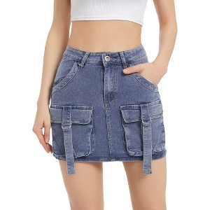 Women Denim Cargo Skirt Mini Low Waist Button Bodycon
