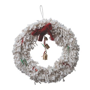 Storied Home Handmade Cotton Blend Yarn Wreath with Red Bow, Red and Green Ribbons and Metal Bells, ivory - 1 of 2