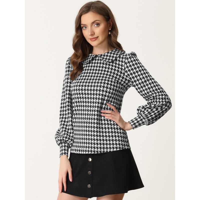 Allegra K Women's Peter Pan Collar Fashion Puff Long Sleeve Houndstooth Plaid Blouse, 3 of 6