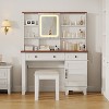 Farmhouse Makeup Vanity Desk with Mirror and Lights, Power Outlet, 2 Drawers and Cushioned Stool, Glass Top for Bedroom Dressing Room - 2 of 4