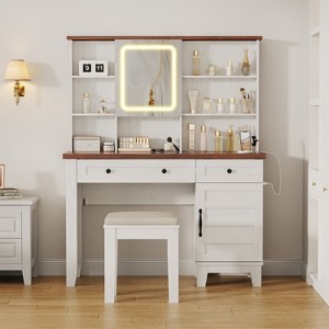 Makeup Vanity Desk,Makeup Vanity with Mirror and Lights & Power Outlet, Makeup Table with 2 Drawers, Cushioned Stool, Dressing Table with Glass Top - 1 of 4