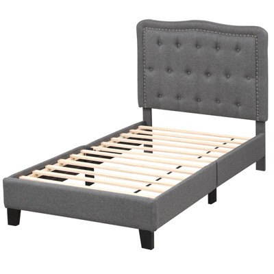 Infans Twin Size Bed Frame w/ 46" Tall Button Tufted Headboard Wooden Slats Support