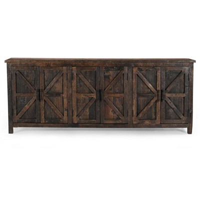 HomeRoots 84" Dark Brown Distressed Reclaimed Wood Paneled Sideboard with Six Doors
