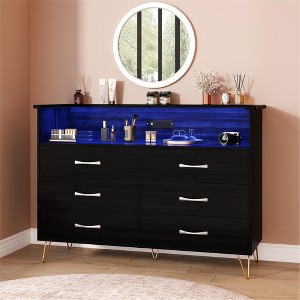 Dresser with LED Light & Charging Station, Storage Cabinet with 6 Drawers and 2 Open Shelves - 1 of 4