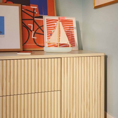 Blonde Wood Large Tambour Panel Dresser with Casters