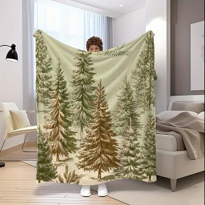 Christmas Tree Pattern Flannel Blanket Soft Warm Flannel All-Season Cozy Throw with Green Golden Pine Tree Design Christmas Gift. - 1 of 4