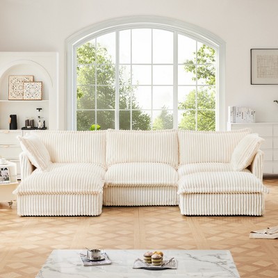 Slipcovered Sectional Sofa, 3 Seater Sofa with Removable Cover, Sofa Couch with Ottoman, Corduroy Fabric Sectional Sofas-Cuddlewood