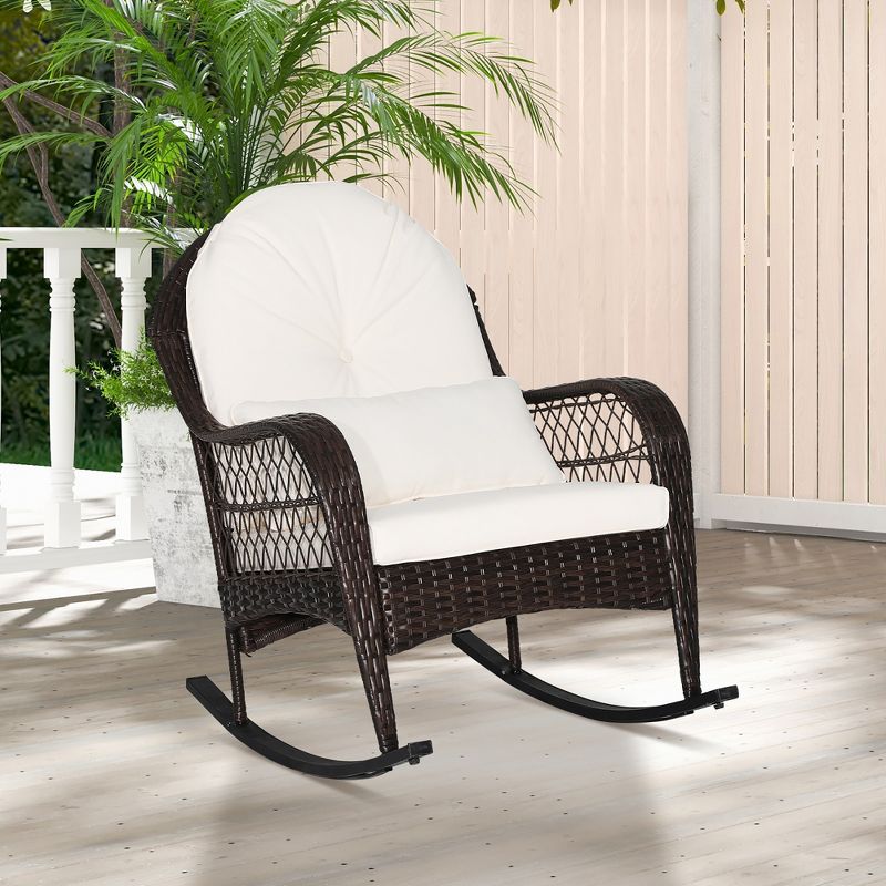 Costway Patio Wicker Rocking Chair W/Seat Back Cushions & Lumbar Pillow Porch Off, 1 of 9