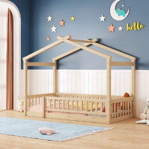 Lyngins Modern Wood House Twin Size Bed Frame, Toddler Bed with Roof & Fence, Floor Bed/Kid's Bed —7 Bed Slats, Semi-Enclosed Play/Sleep Space - 1 of 4