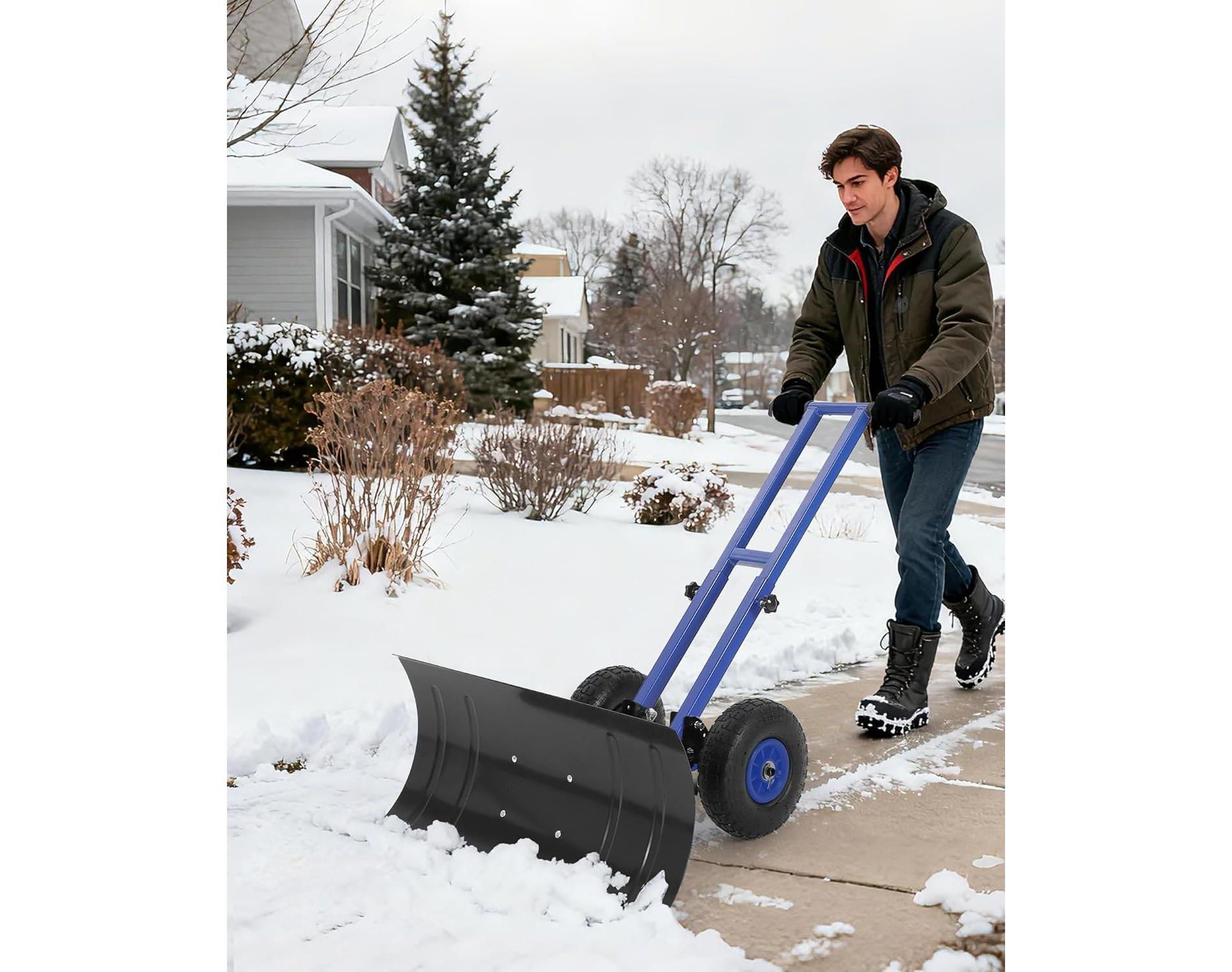 Wheeled Snow Plow Shovel, Heavy-Duty Steel Black Blade with Double Handle, Back Saver Pusher for Snow Removal on Driveway, Sidewalks and Doorways