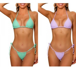 INSPIRE CHIC Women's Halter Tie Side Drawstring Thong Triangle Bottoms Basic Bikini Sets Swimsuits 2 Sets - 1 of 4