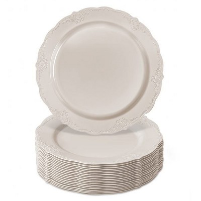 Silver Spoons Elegant Disposable Plastic Plates for Party, Heavy Duty Cream Disposable Plate Set,  (10 PC) - Vintage