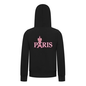 Everyday Kids Paris Bow Girls Zip Up Hoodie – Pink Eiffel Tower City Graphic Sweatshirt - 1 of 4