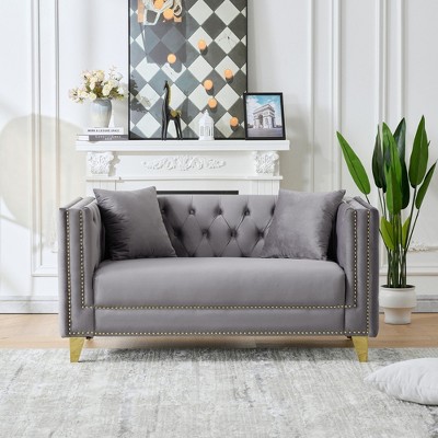 Sapphtopaz Velvet Couches for Living Room with Nailhead&Button Tufted Upholstered Leisure Sofa with Square Arms&Deep Seat for Apartment