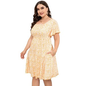 LXT- Women's Plus Size Square Neck Ruffle Sleeve Flowy Floral Summer Midi Dress with Pockets - 1 of 4