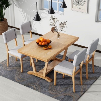 Rustic 5-Piece Dining Set: 59 Rectangular Trestle Table, 4 Upholstered Chairs