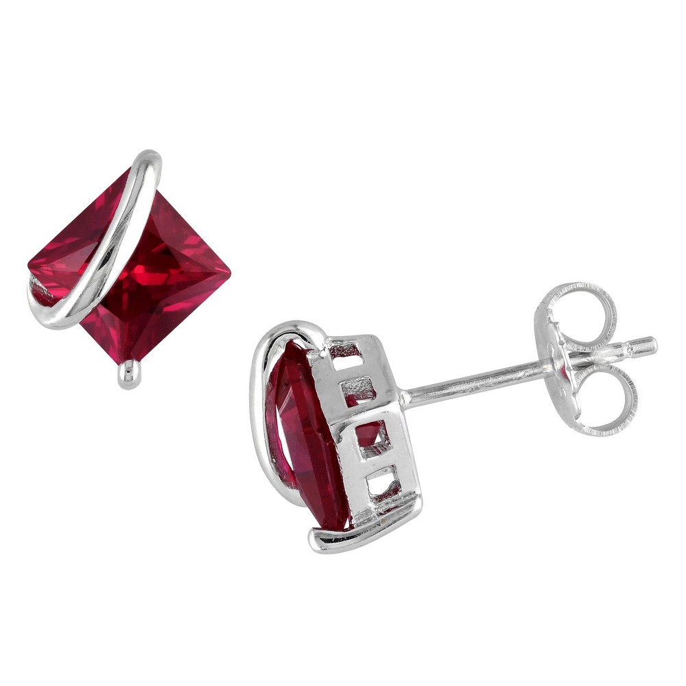 Photos - Earrings 2.3 CT. T.W. Square Simulated Ruby Stud  in Sterling Silver - Whit