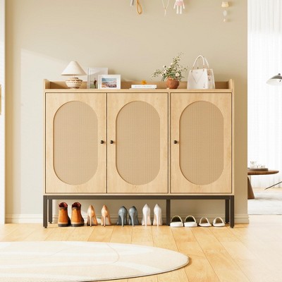 Garvee Rattan Shoe Cabinet with 3 Doors, Freestanding Shoe Organizer with Large Storage Space for Entryway, Hallway, Living Room