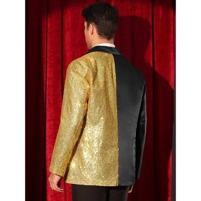 Мужские пиджаки INSPIRE CHIC Men's Color Block Peak Lapel Wedding Sparkly Sequin Blazers Black Golden Small — фото 3