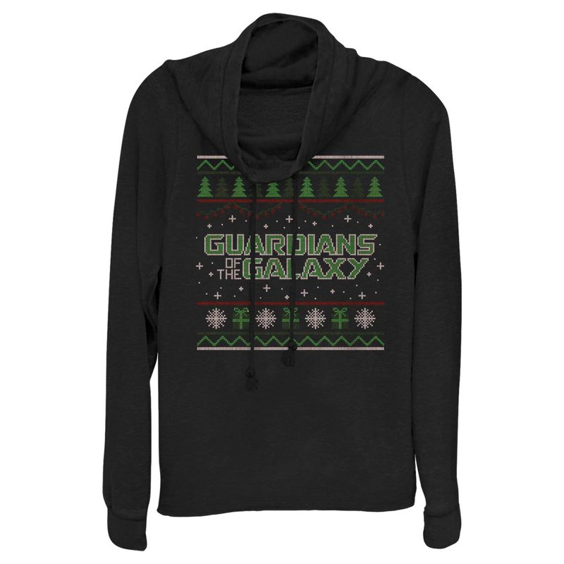 Juniors Womens Guardians of the Galaxy Holiday Special Christmas Sweater Print Cowl Neck Sweatshirt, 1 of 5
