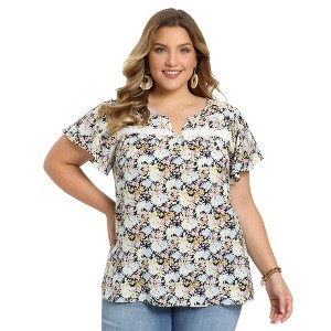 Women's Plus Size Floral Printed Lace Trim Notch Neck Ruffle Sleeve Summer Blouse - GRACE & GRANDEUR - 1 of 4