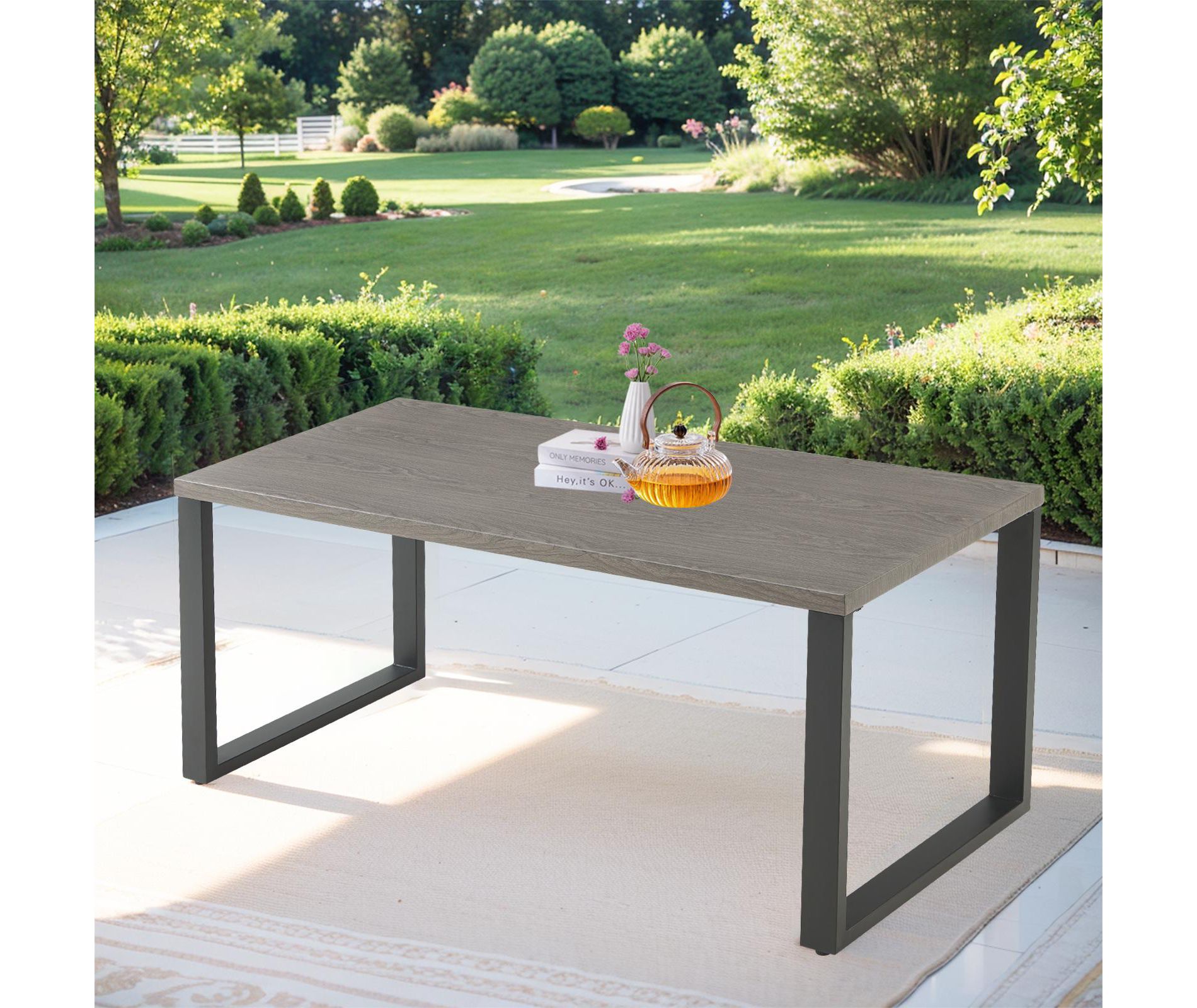 Buenhomino All-Weather Wood GrainTabletop Indoor/Outdoor Steel Patio Coffee Table