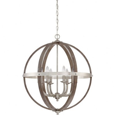 Brushed Nickel and Faux Wood Globe Chandelier, 24.75"