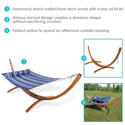 Catalina Beach Blue and Green Quilted 2-Person Hammock with Curved Wood Stand