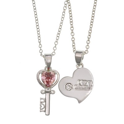 FAO Schwarz Silver Tone Heart Lock & Key Pendant Necklace Set