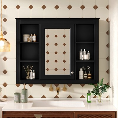 ALEXOUN 35'' x 27.5'' Wall Mounted Bathroom Mirror and Storage, Modern Bathroom Mirror with Wall Cabinet, Mirror Cabinet with 6 Open Shelves