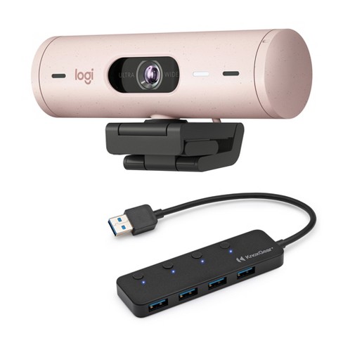 Logitech Brio 500 1080p Full HD Webcam Webcam Rose Bundle with 4 Port USB Hub